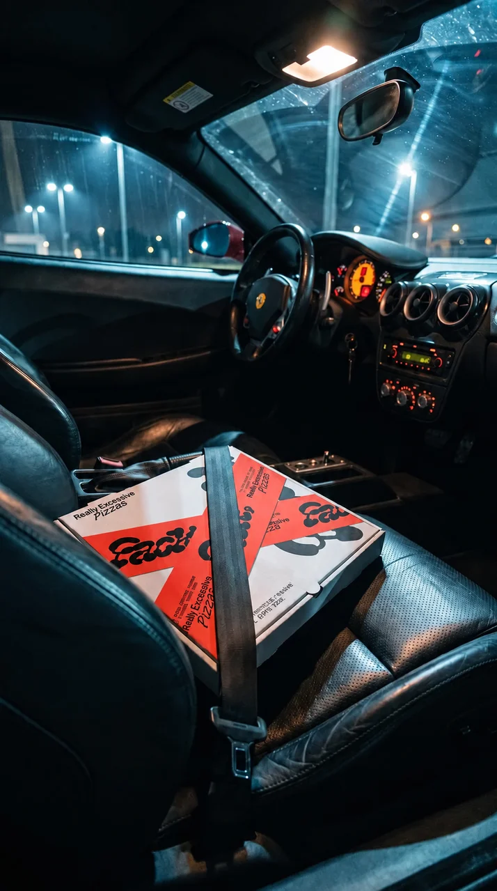 Imagen de campaña de Fack: una caja de pizza en el asiento de un coche de noche