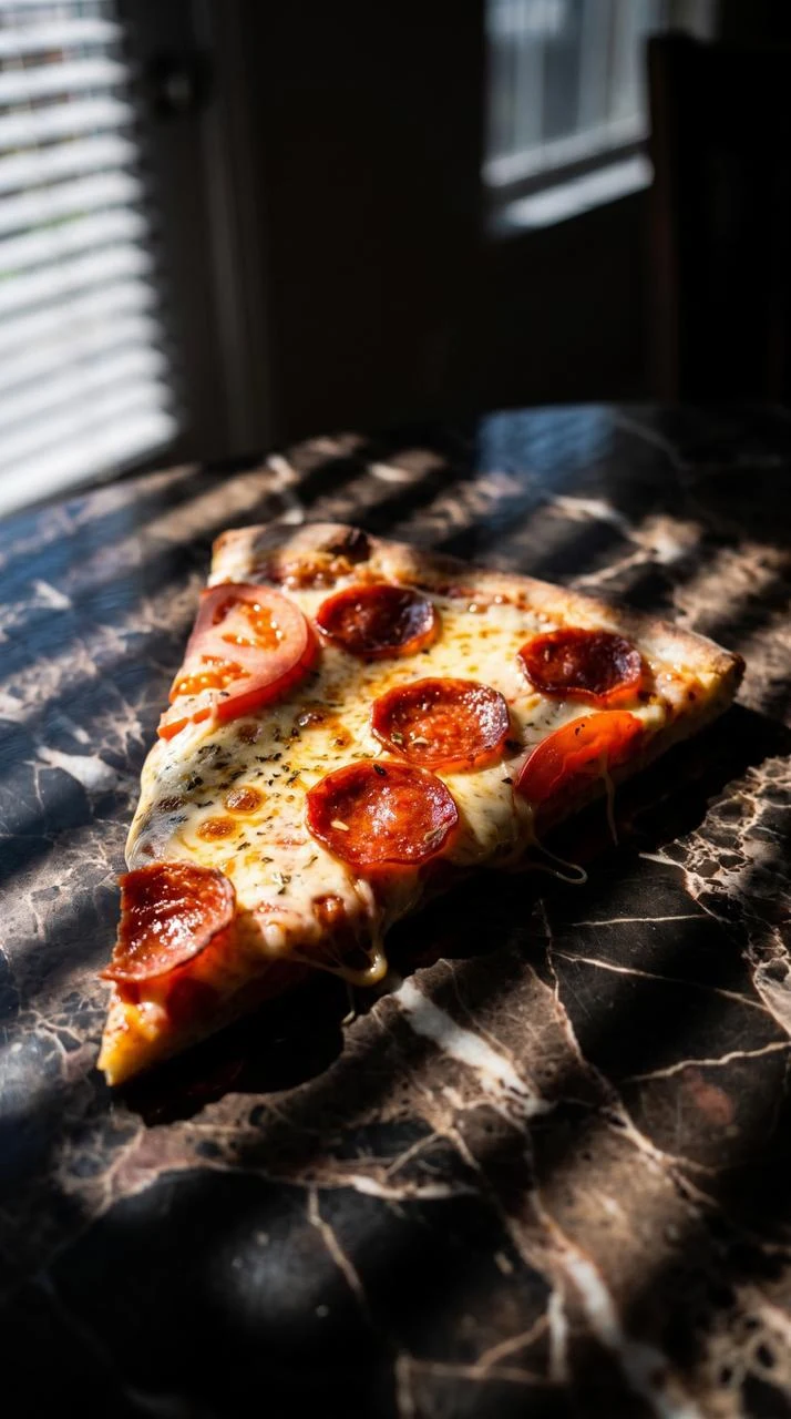 Porción de pepperoni bajo una luz intensa, de la dirección visual de Fack